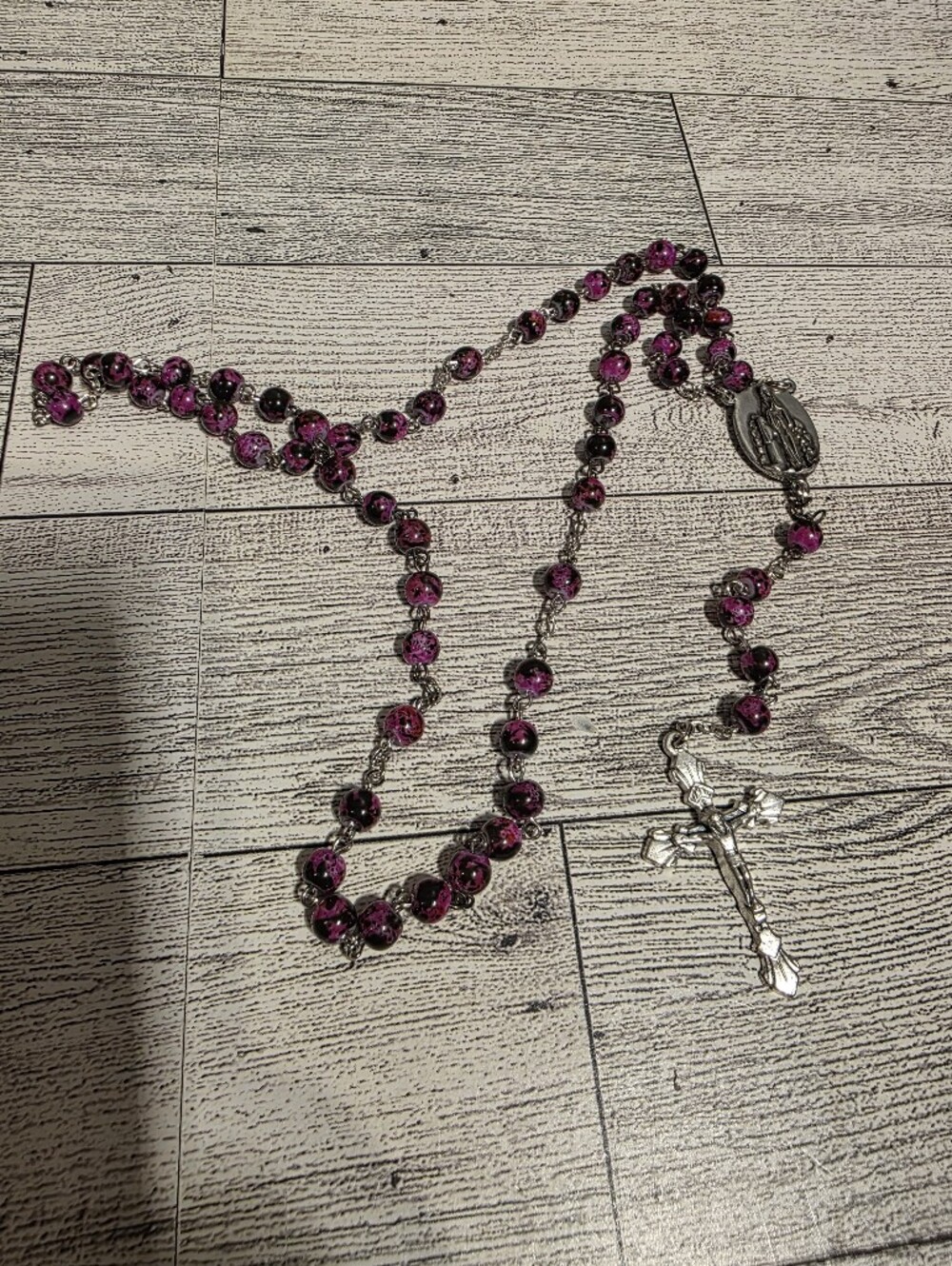 Pink Crystal Rosary Necklace with Silver Cross